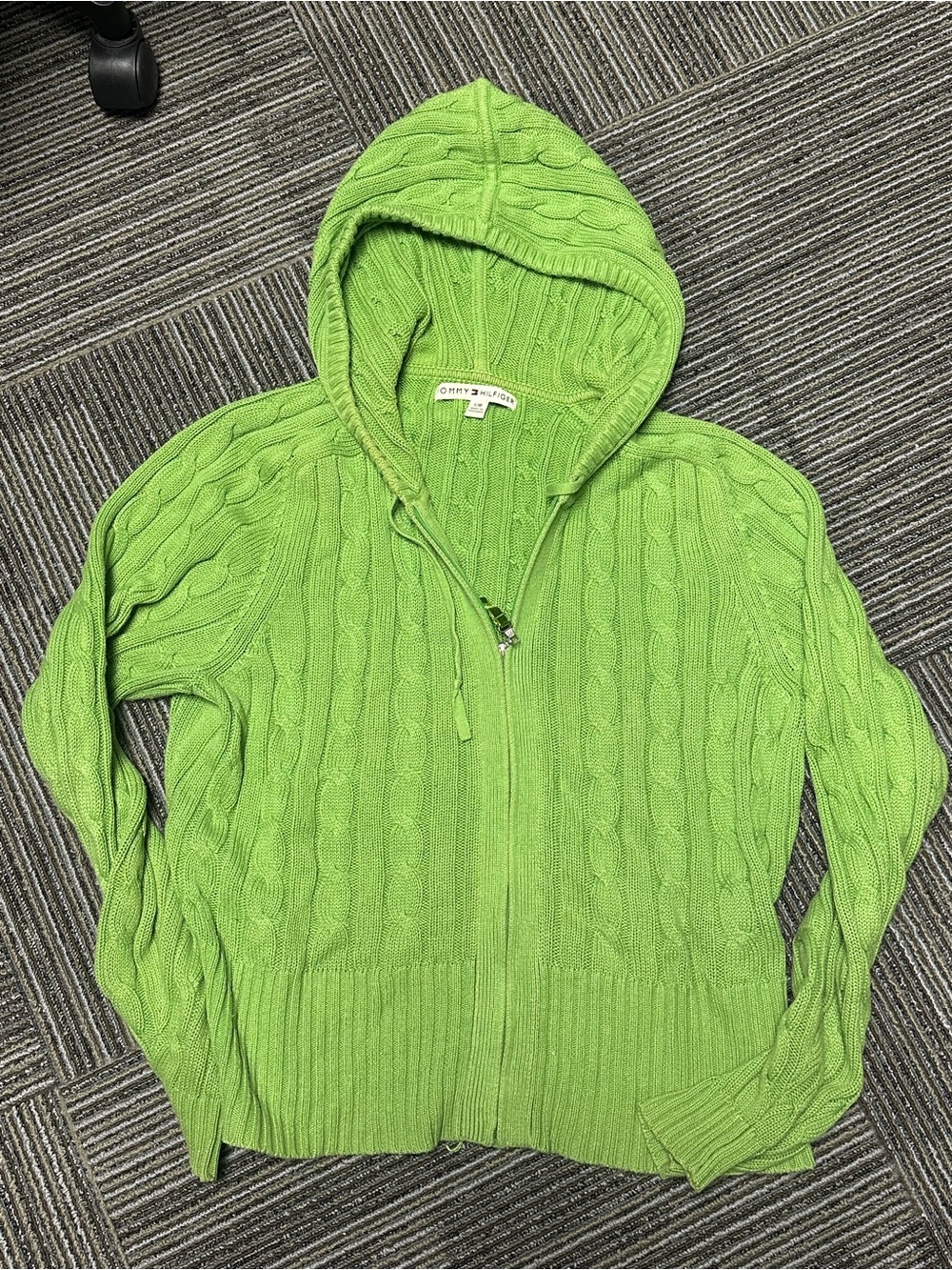 Lime green, Tommy Hilfiger large cable net sweater cardigan with hood